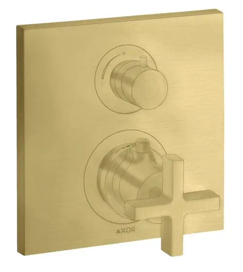 Thermostatunterputz von AXOR mit Absperrventil und Kreuzgriff in brushed brass. Schlichte, rechteckige Platte mit zwei Bedienelementen zur Temperatur- und Betriebsregulierung.